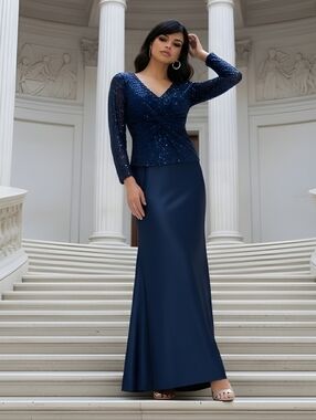 MARINA Maxi Dress Navy Blue Semi Formal Sequin Over Jacket Size Small